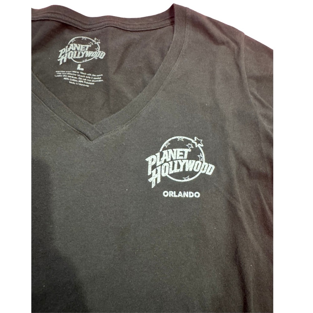 Planet Hollywood Orlando Tee Womens L Black V Neck Graphic Soft Florida Travel